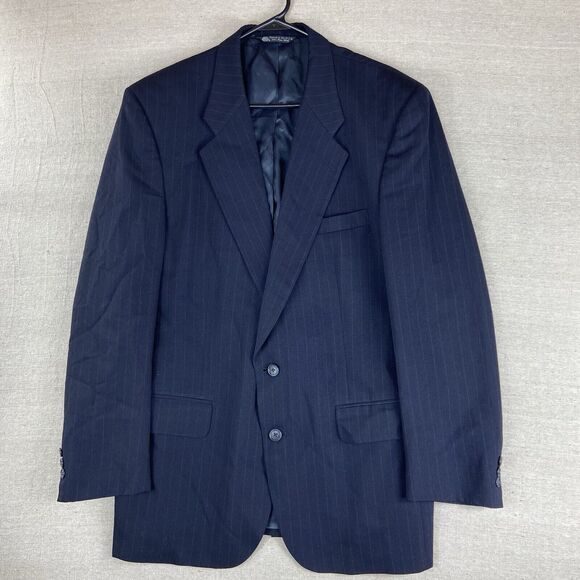Men's Wool 100% Large Overcoat 42L Macy's Woodbury Navy Pin Stripe Shoulder Pads - Picture 1 of 13